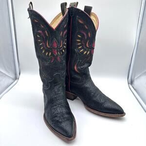 Justin Black Black Leather Crackle Overlay Wing Cowboy Indie Western Boots 9EE